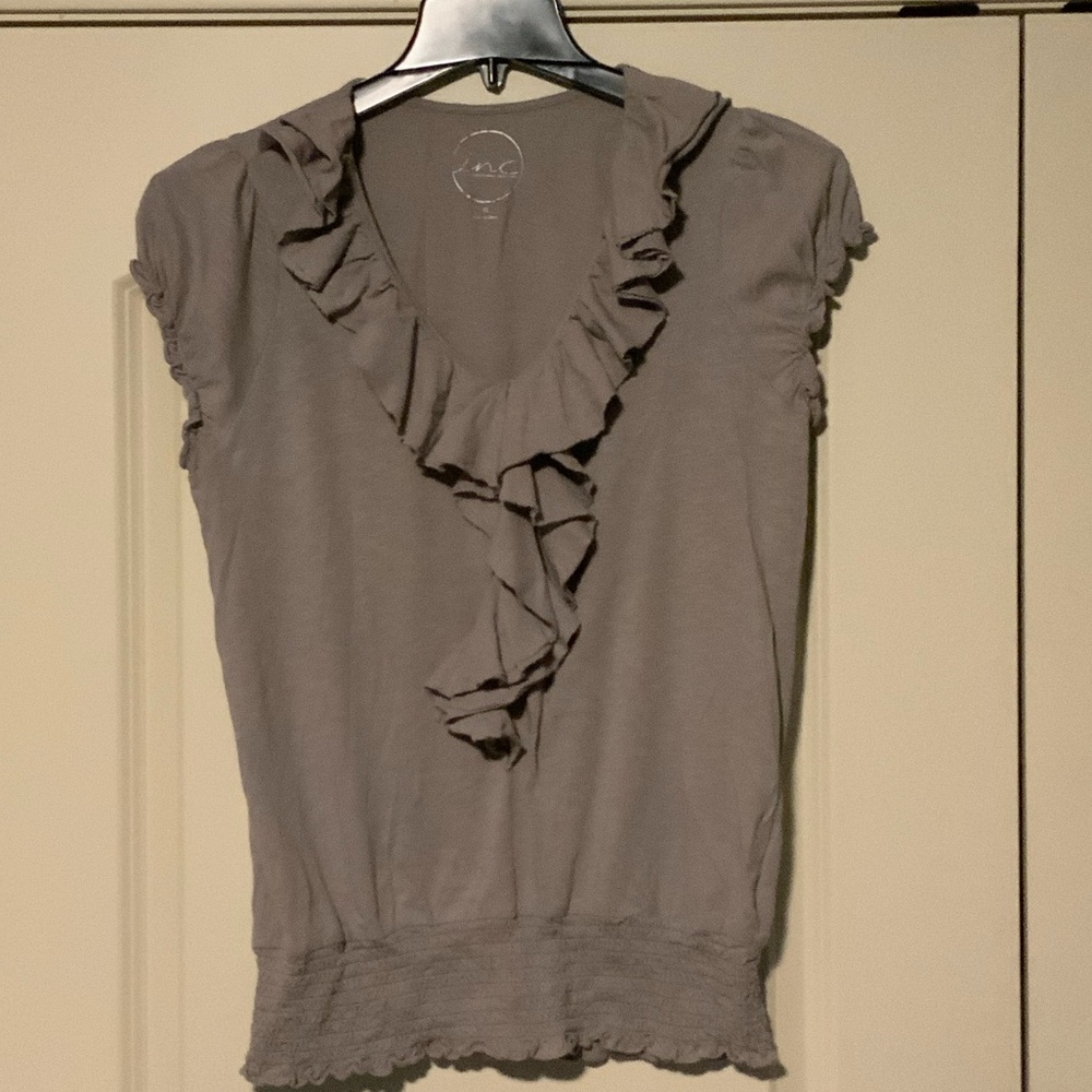 INC Ruffled V-Neck Smocked Hem Blouse - Gray ~ Size XL